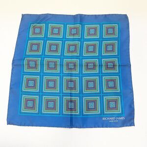Richard James Savile Row Scarf Pocket Square Blue Rainbow Geometric Italian Silk